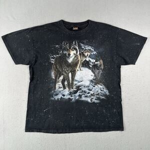 Vtg 90s 3D Emblem Wolf T-Shirt Men’s XL‎ Black AOP Short Sleeve Winter Galaxy